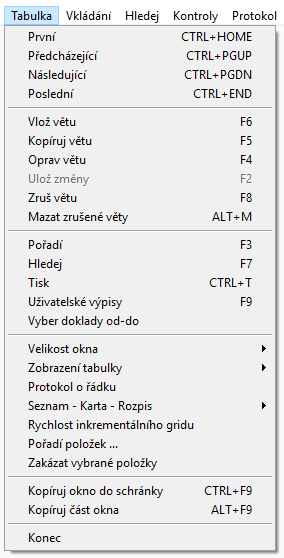Menu tabulka
